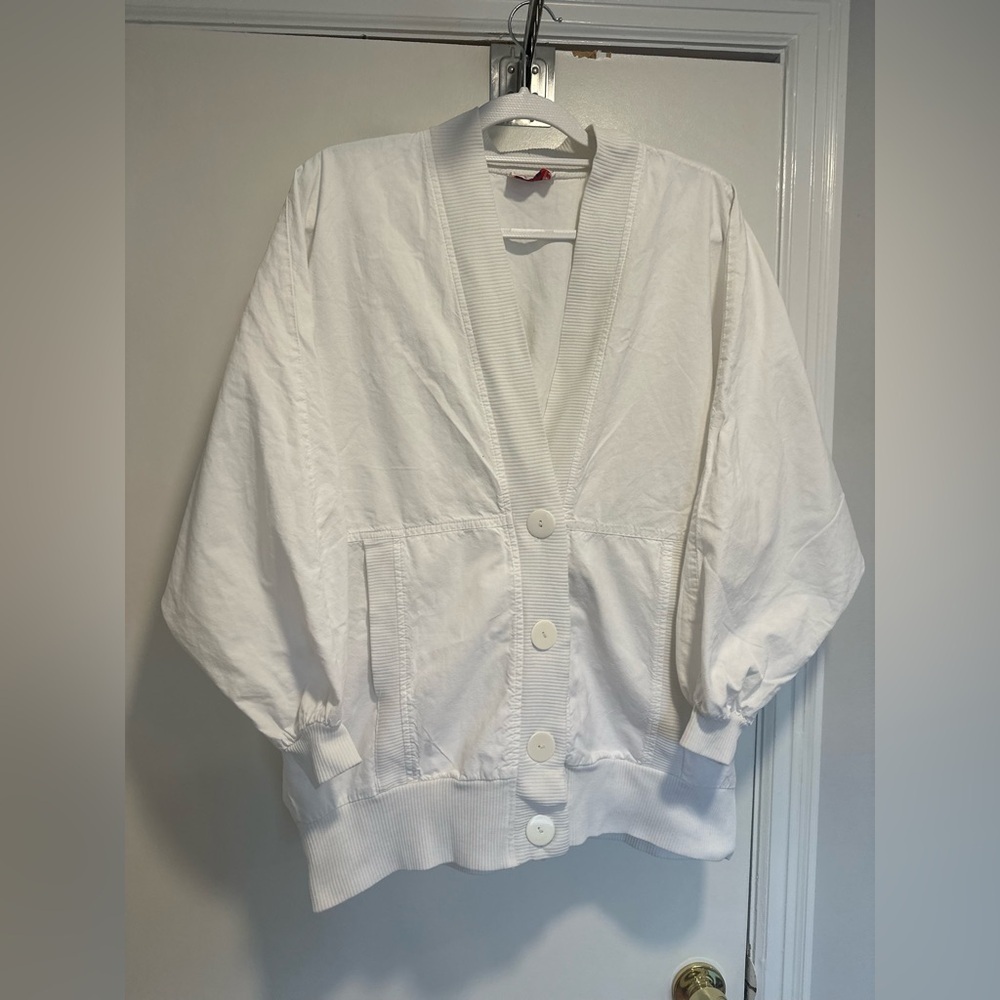 Vintage 1970s  Ab Lib white cotton-blend lightweight oversized bomber jacket.